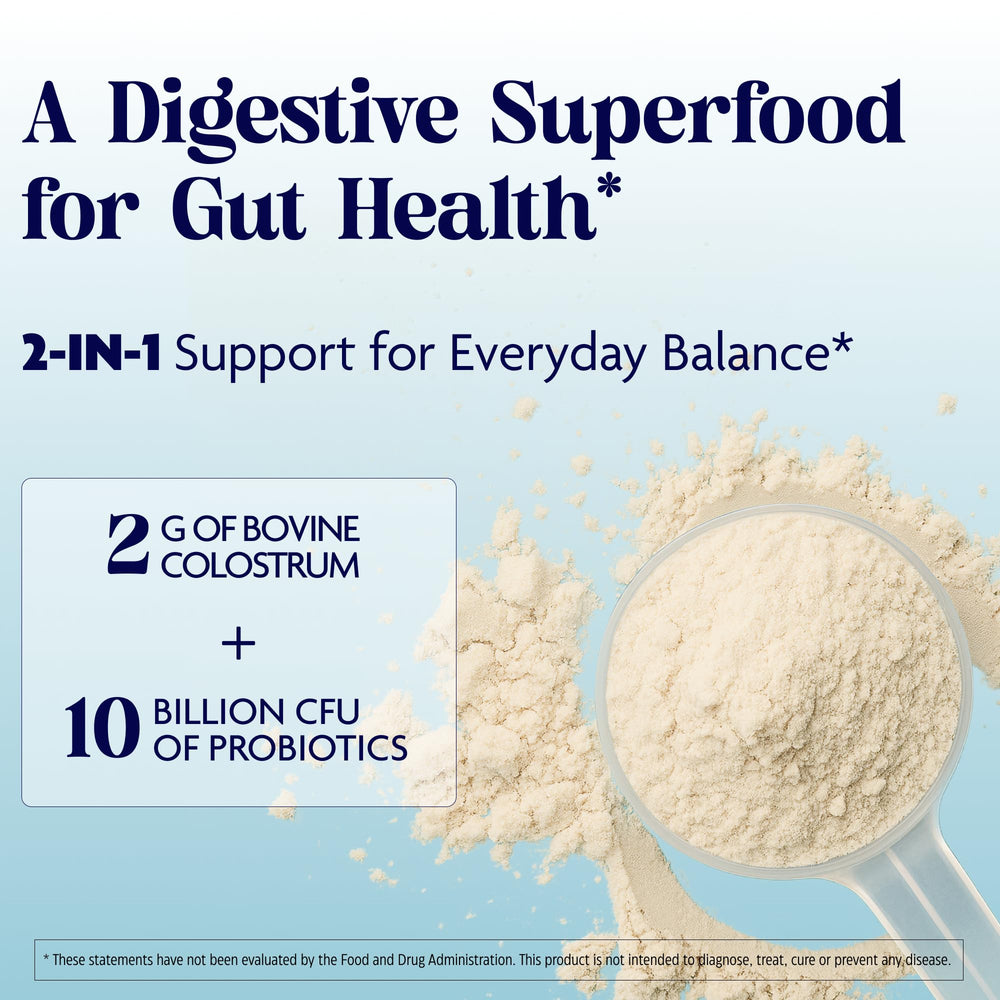 Enzymedica Colostrum Powder scoop shows a 2 g serving for daily gut health.