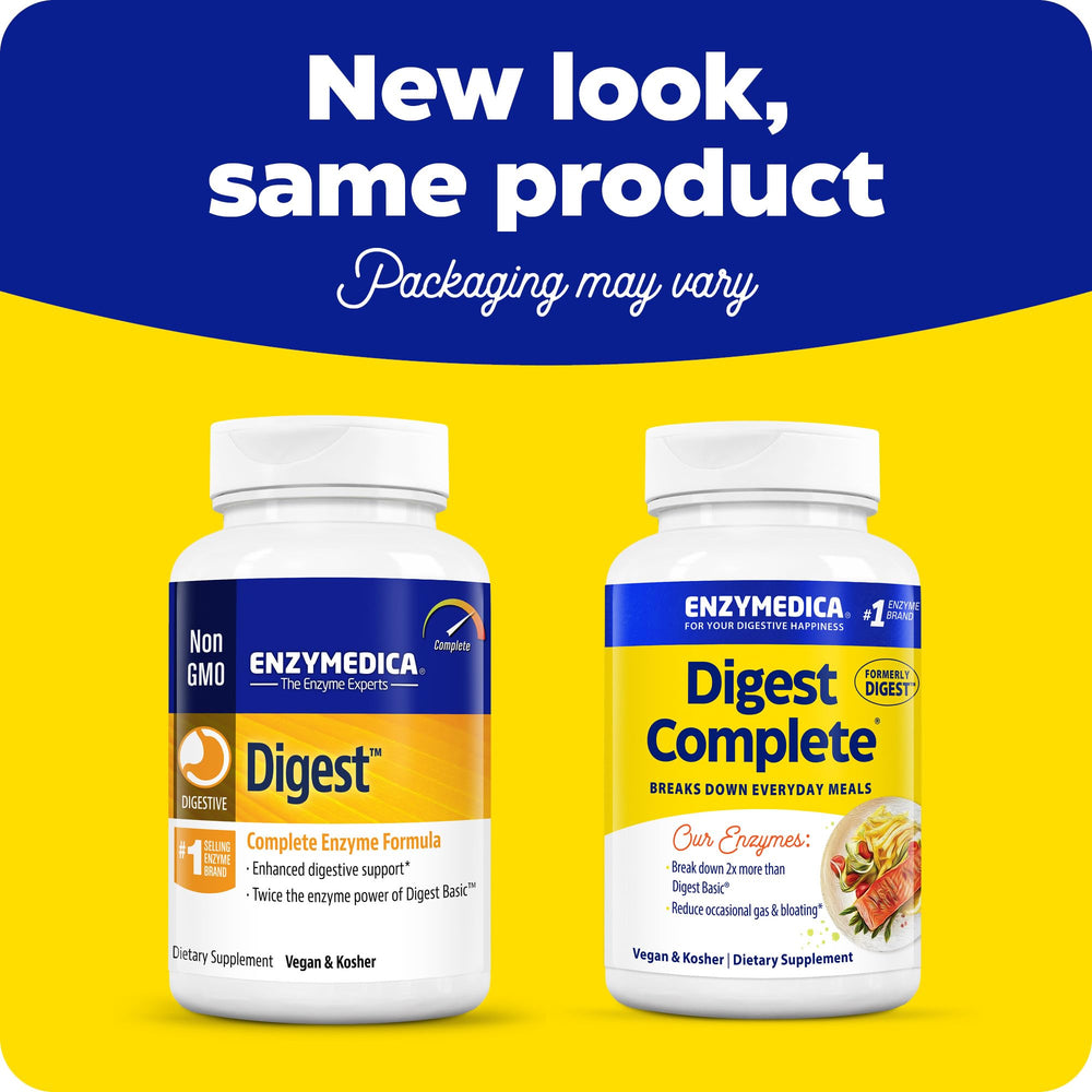 Enzymedica Digest Complete bottle back view highlights ingredients and certifications