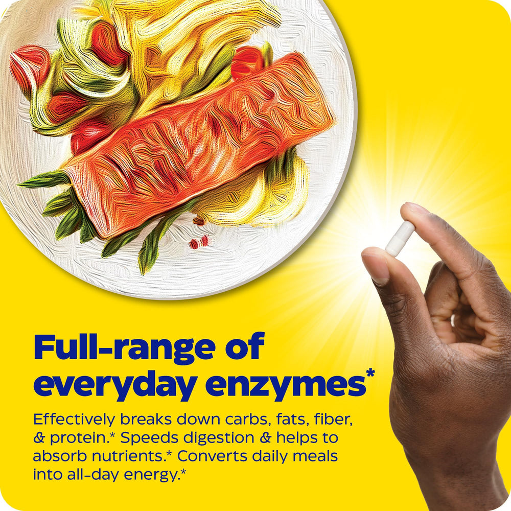 Enzymedica Digest Complete packaging on a kitchen counter with glass