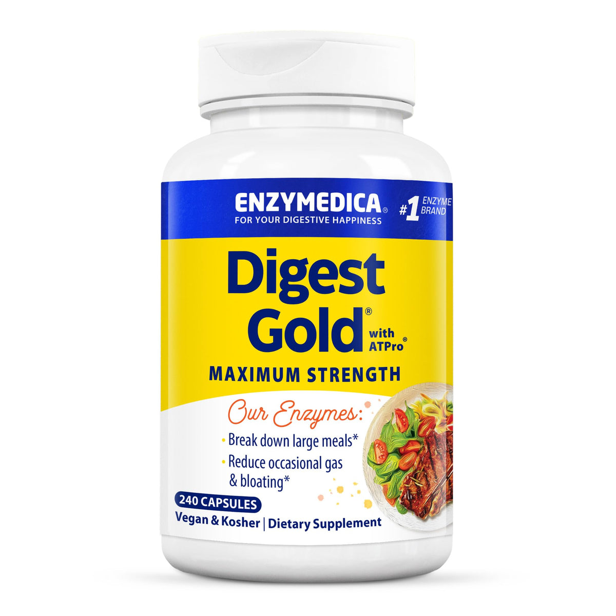 Enzymedica Digest Gold bottle front supports digestion after large meals.