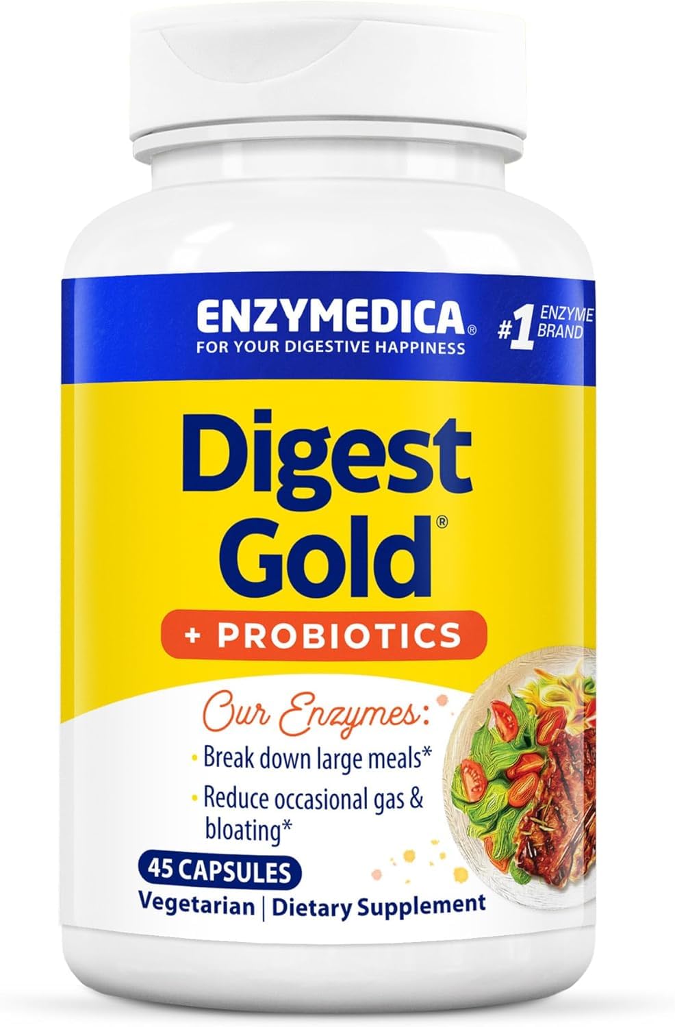 Enzymedica Digest Gold bottle front view showcases 2-in-1 digestive support.