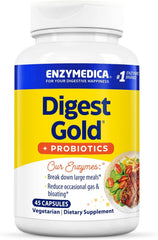 Enzymedica Digest Gold bottle front view showcases 2-in-1 digestive support.