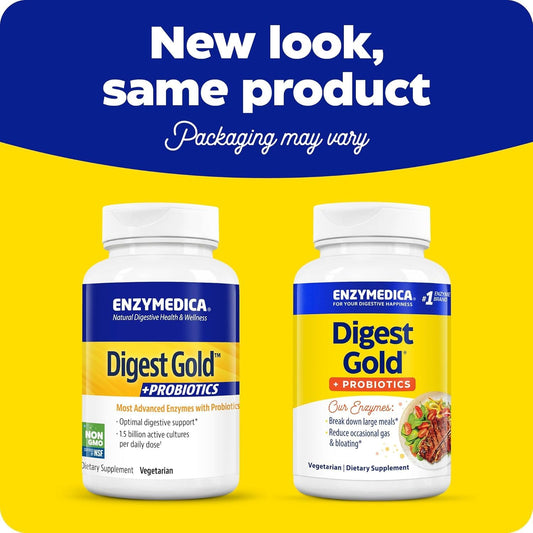 Enzymedica Digest Gold bottle side view shows a compact capsule pack for daily use.