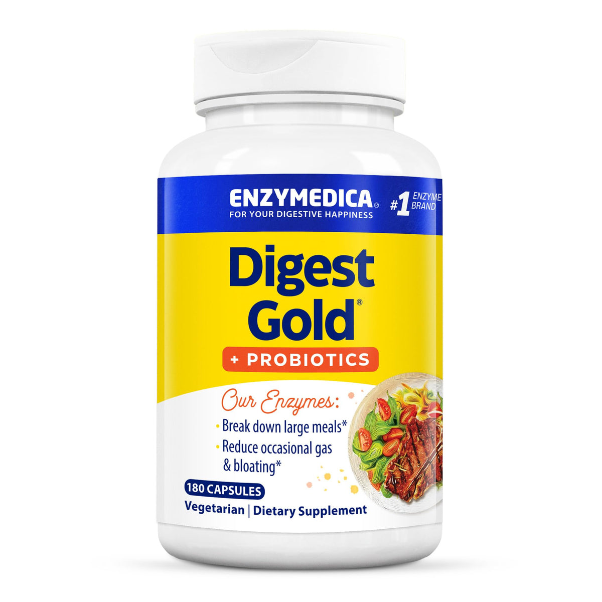 Enzymedica Digest Gold bottle shows the enzyme-probiotic blend for gut support.