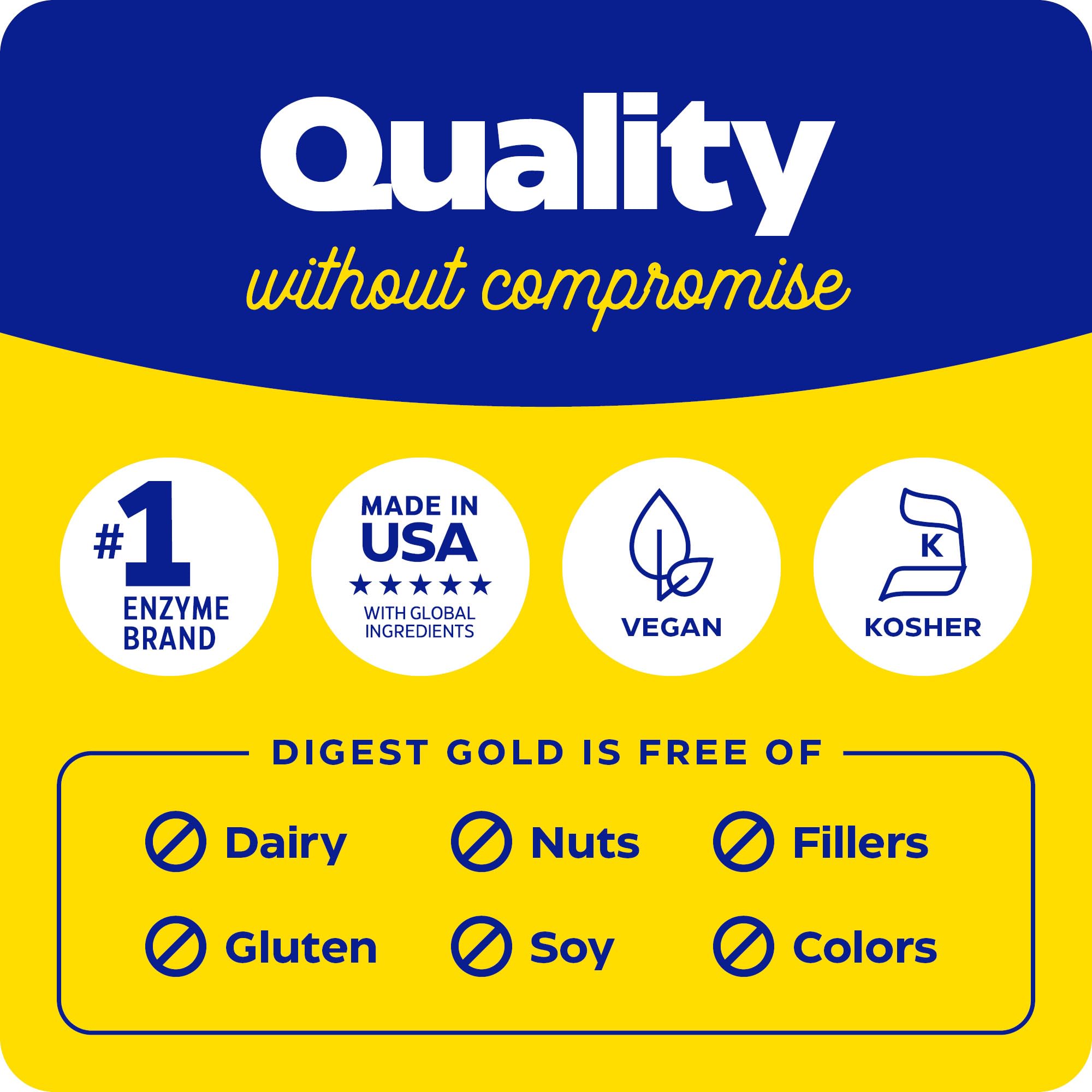 Enzymedica Digest Gold packaging emphasizes vegan and Kosher certifications.