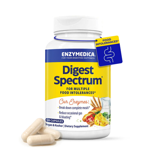 Enzymedica Digest Spectrum bottle front, highlighting vegan capsules for digestive support.