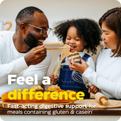 GlutenEase bottle pouring capsules after a meal for on-the-go use