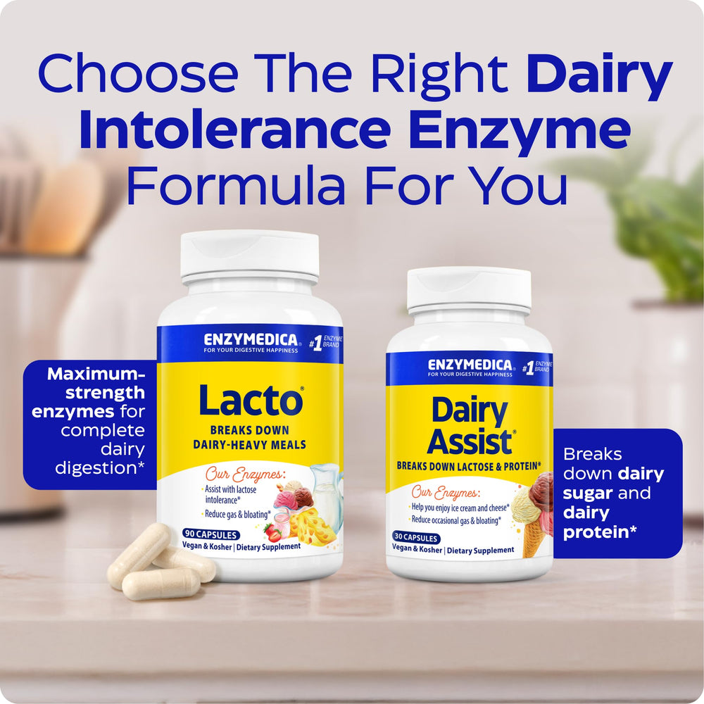Enzymedica Lacto gluten free label highlights a clean, dairy relief option.