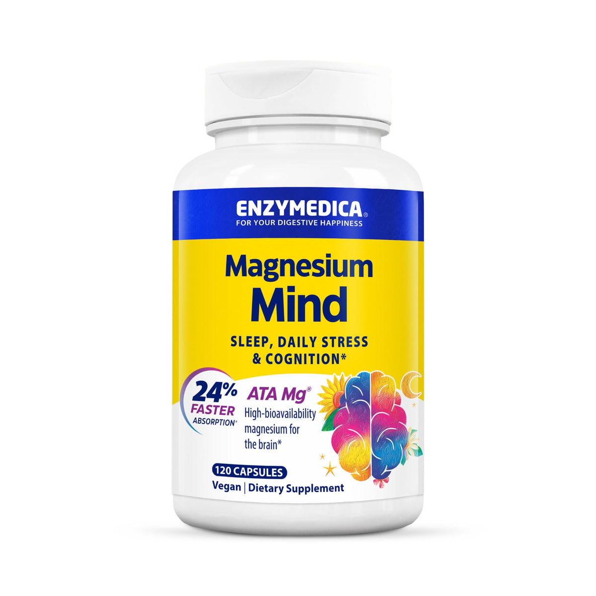 Enzymedica Magnesium Mind bottle highlights high-bioavailability formula for sleep support.