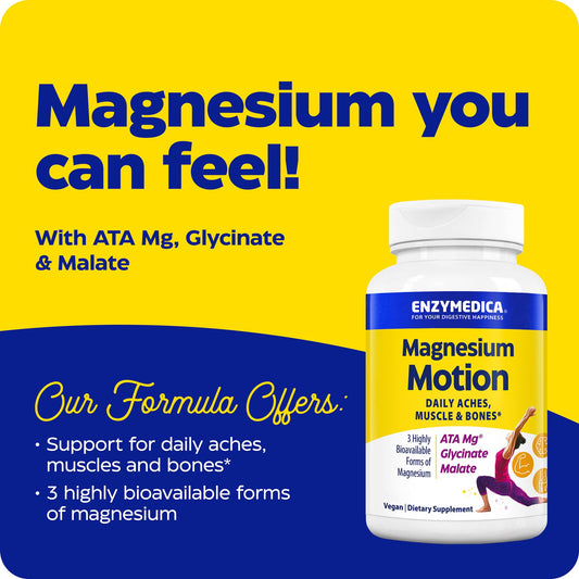 Enzymedica Magnesium Motion capsules close-up highlighting easy-to-swallow tablets