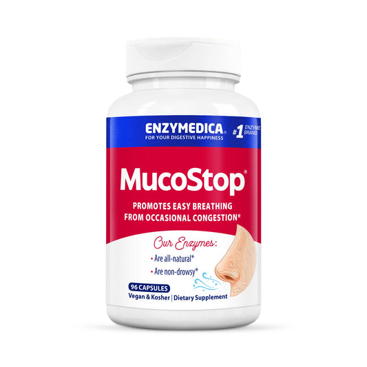Enzymedica MucoStop bottle front for seasonal support and clearer breathing.