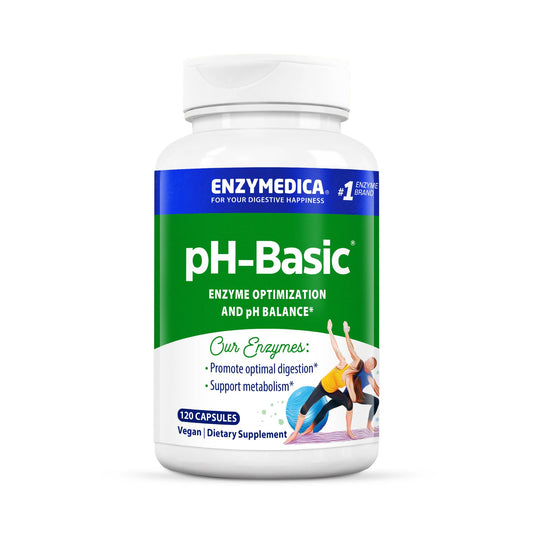 Enzymedica pH-Basic bottle and capsules showing digestive enzyme support.