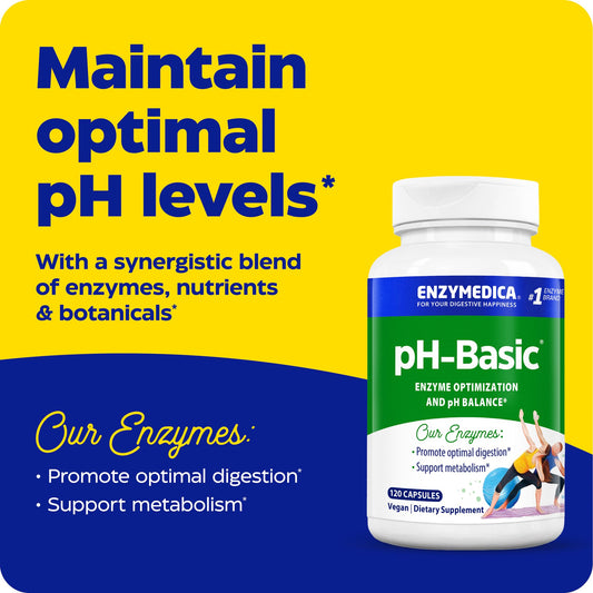 Enzymedica pH-Basic capsules in pack highlight enzyme optimization for digestion.