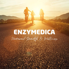 Enzymedica Repair Gold capsules on countertop with glass of water.