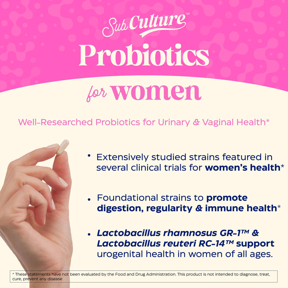 Enzymedica SubCulture Women capsules close-up highlighting 50B CFU potency.