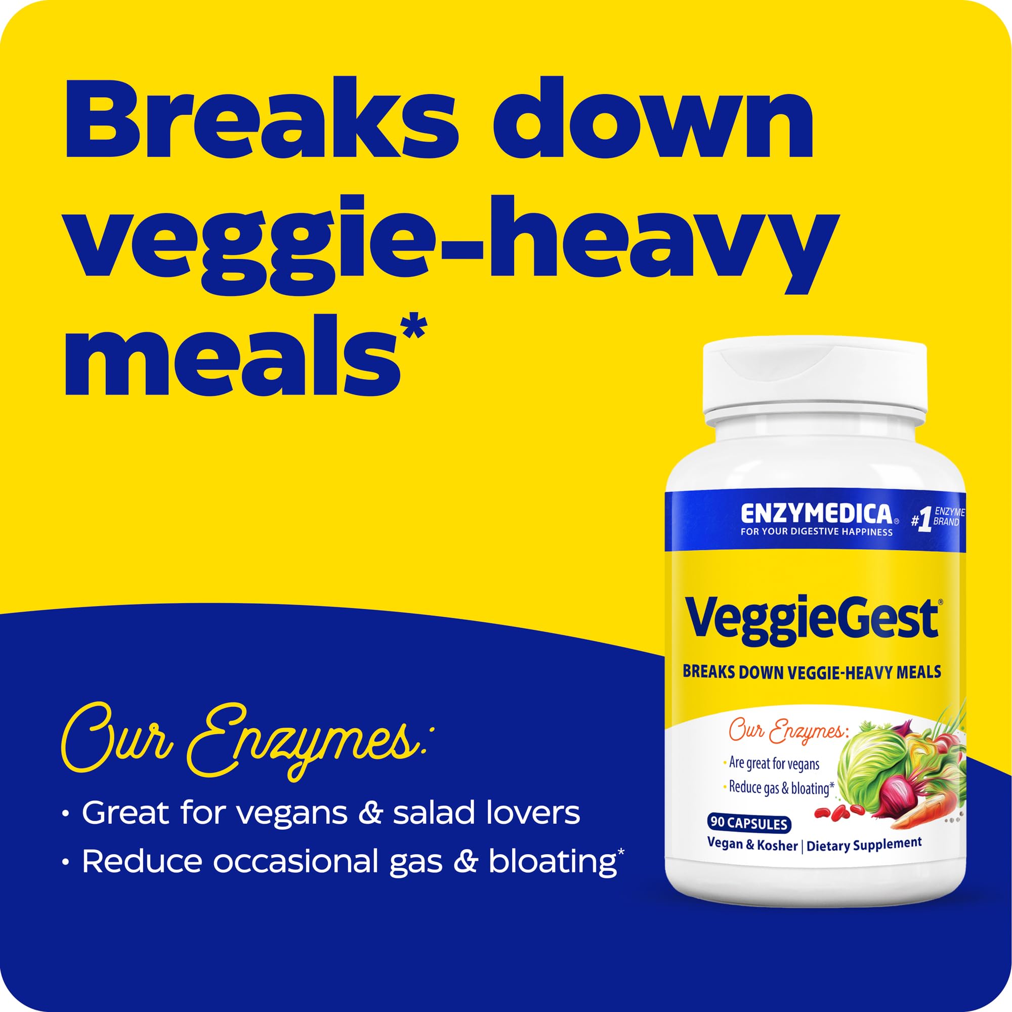 VeggieGest bottle with veggies signals comfortable digestion during veggie-heavy meals.