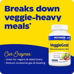 VeggieGest bottle with veggies signals comfortable digestion during veggie-heavy meals.