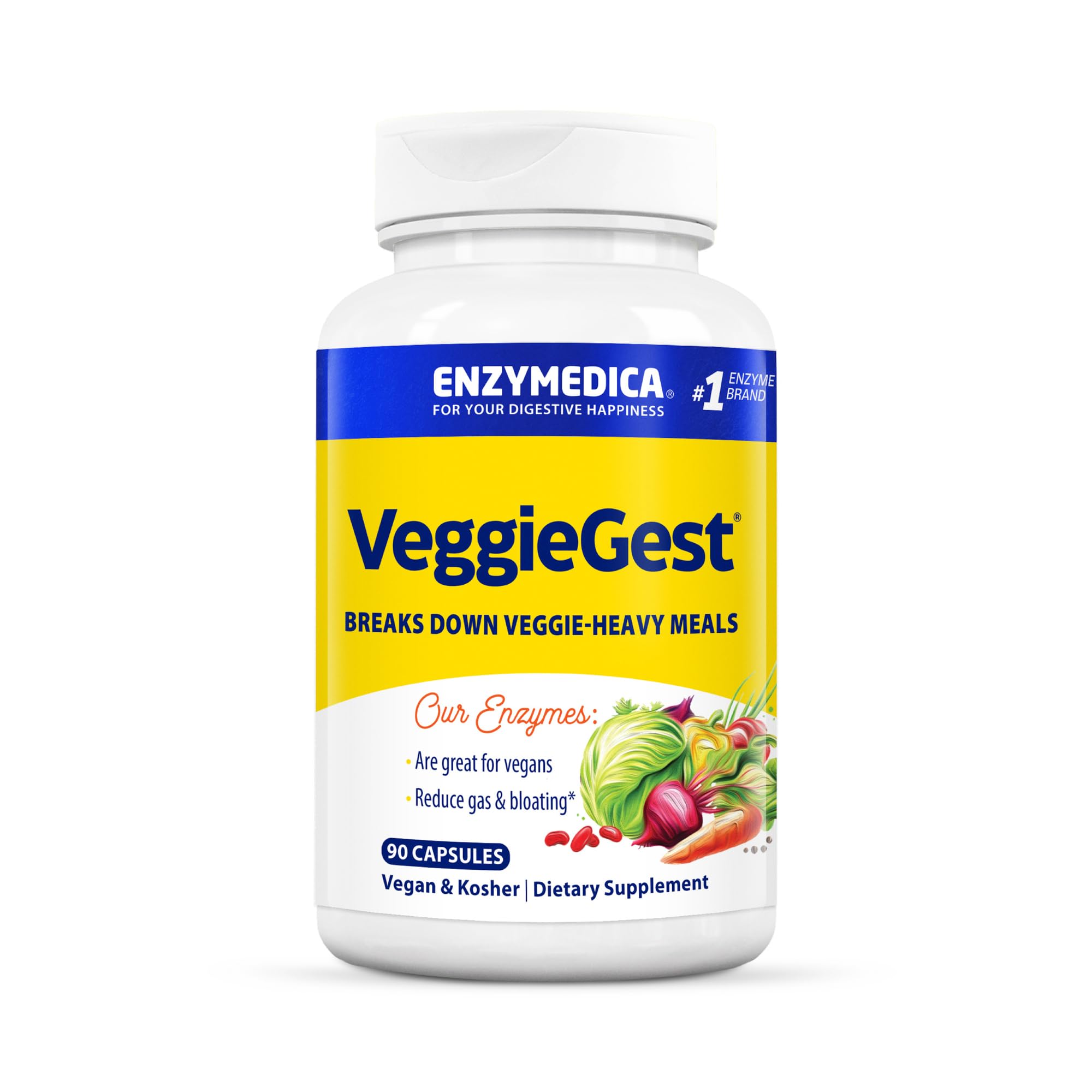 Enzymedica VeggieGest capsules offer plant-based digestion support after high-fiber meals.