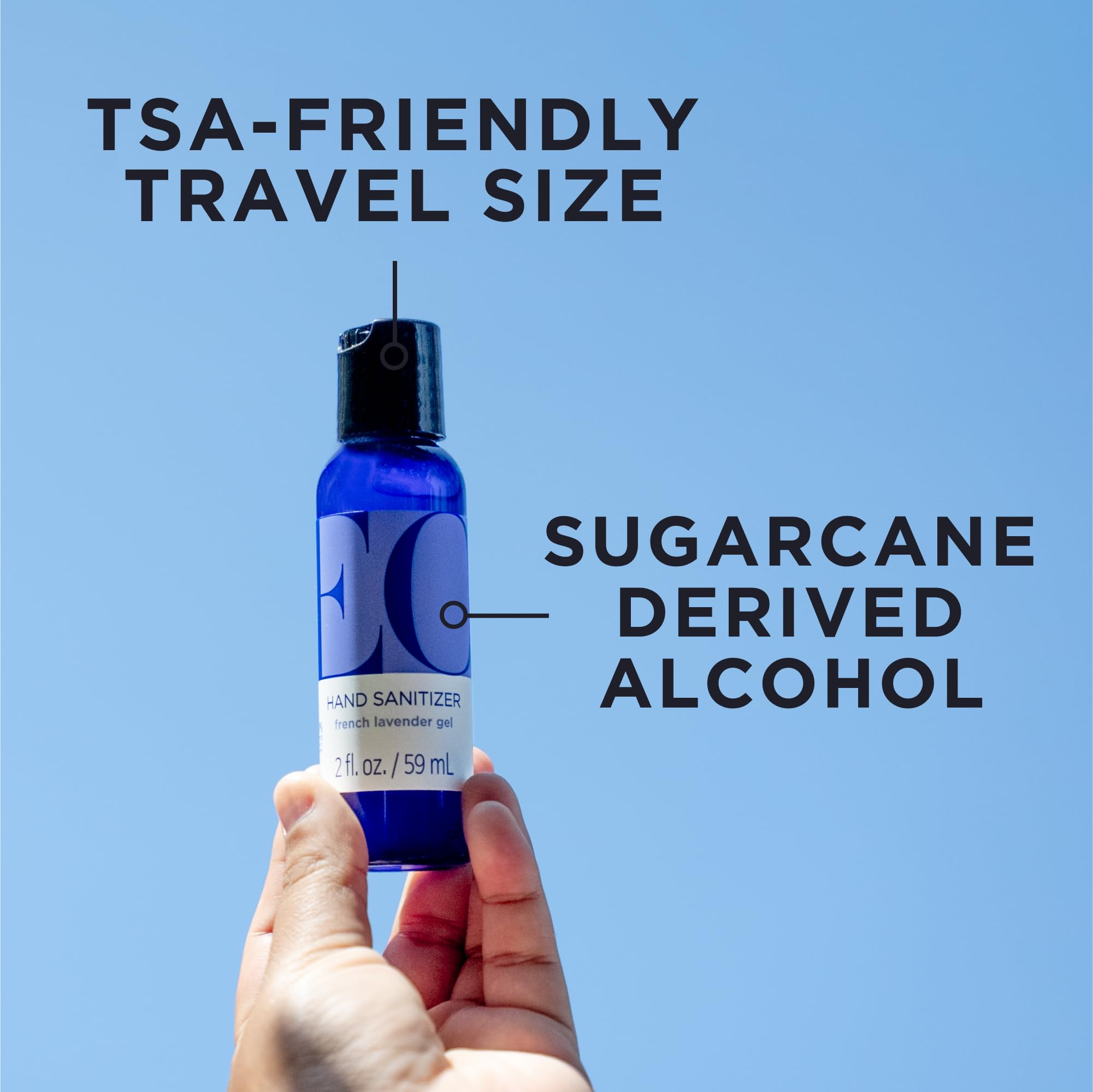EO hand sanitizer gel texture with lavender aroma, quick-drying feel.