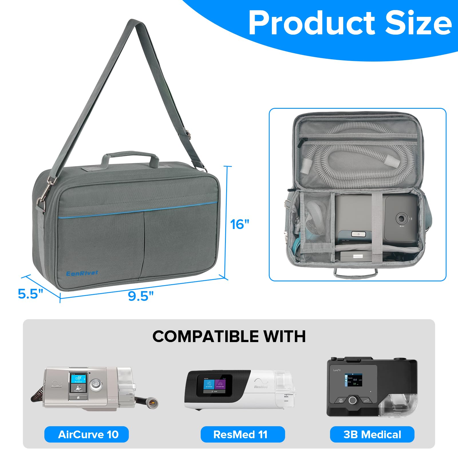 EonRivet CPAP bag side compartments separating mask and tubing