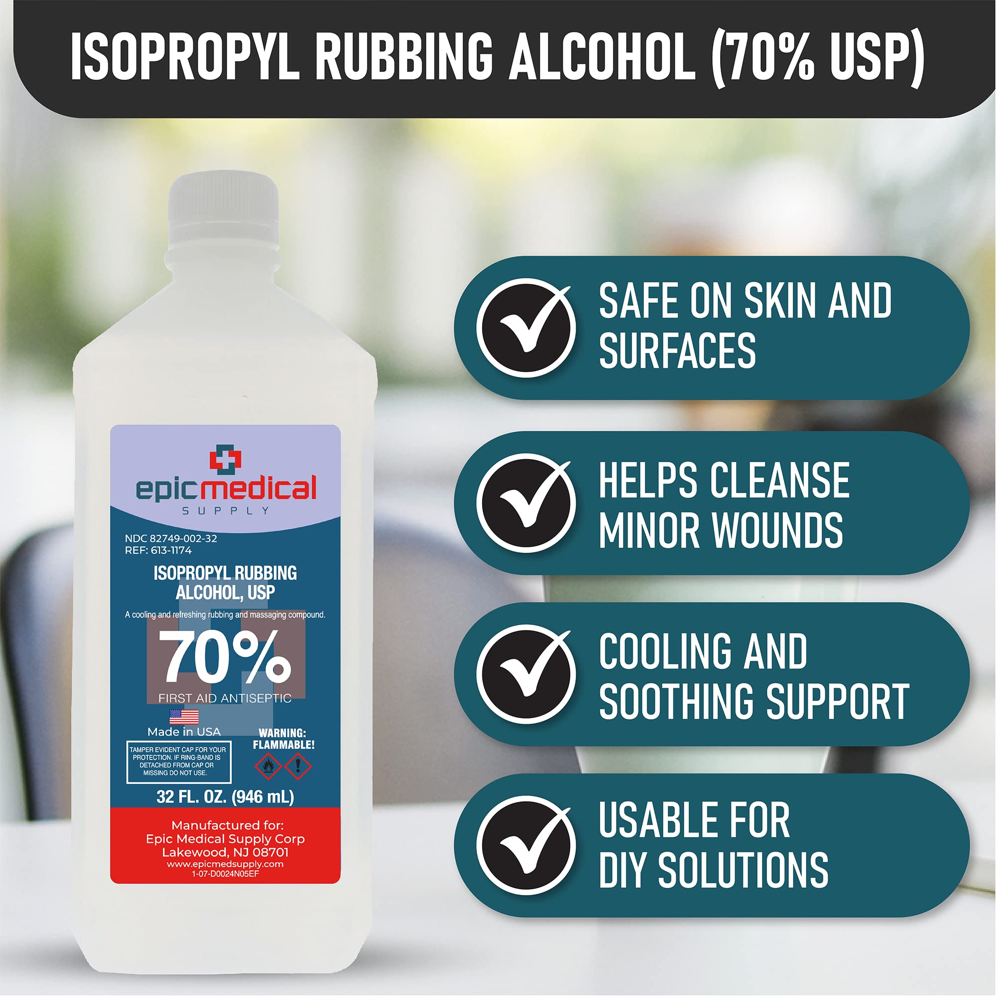 Epic Medical Supply isopropyl alcohol stored in bathroom cabinet for quick access.