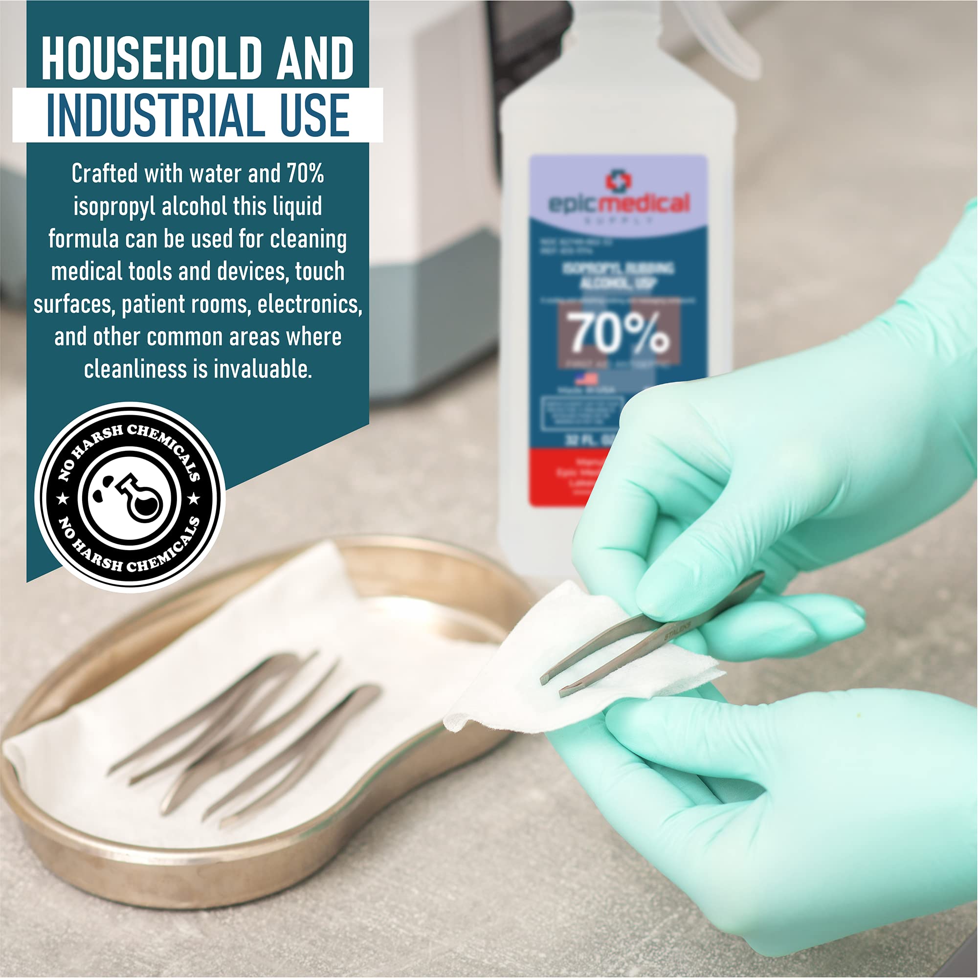 Epic Medical Supply isopropyl alcohol used for surface cleaning and sanitizing.