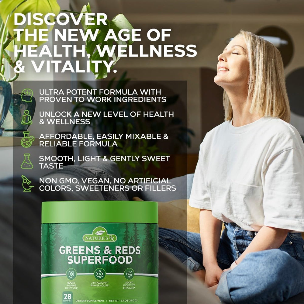 Nature's RX greens and reds glass with a refreshing drink ready to boost energy.