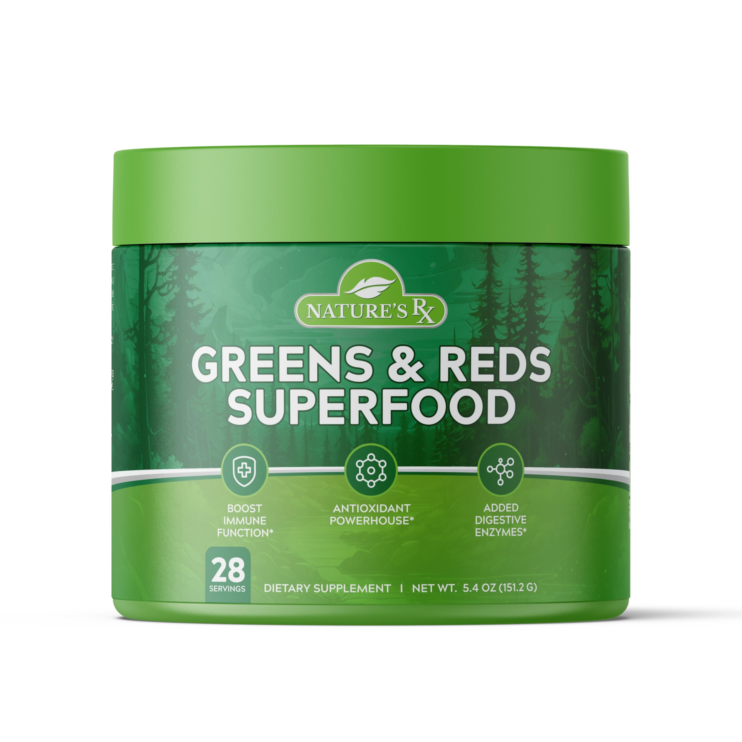 Nature's RX greens and reds bottle displays a nutrient-dense powder for daily vitality.