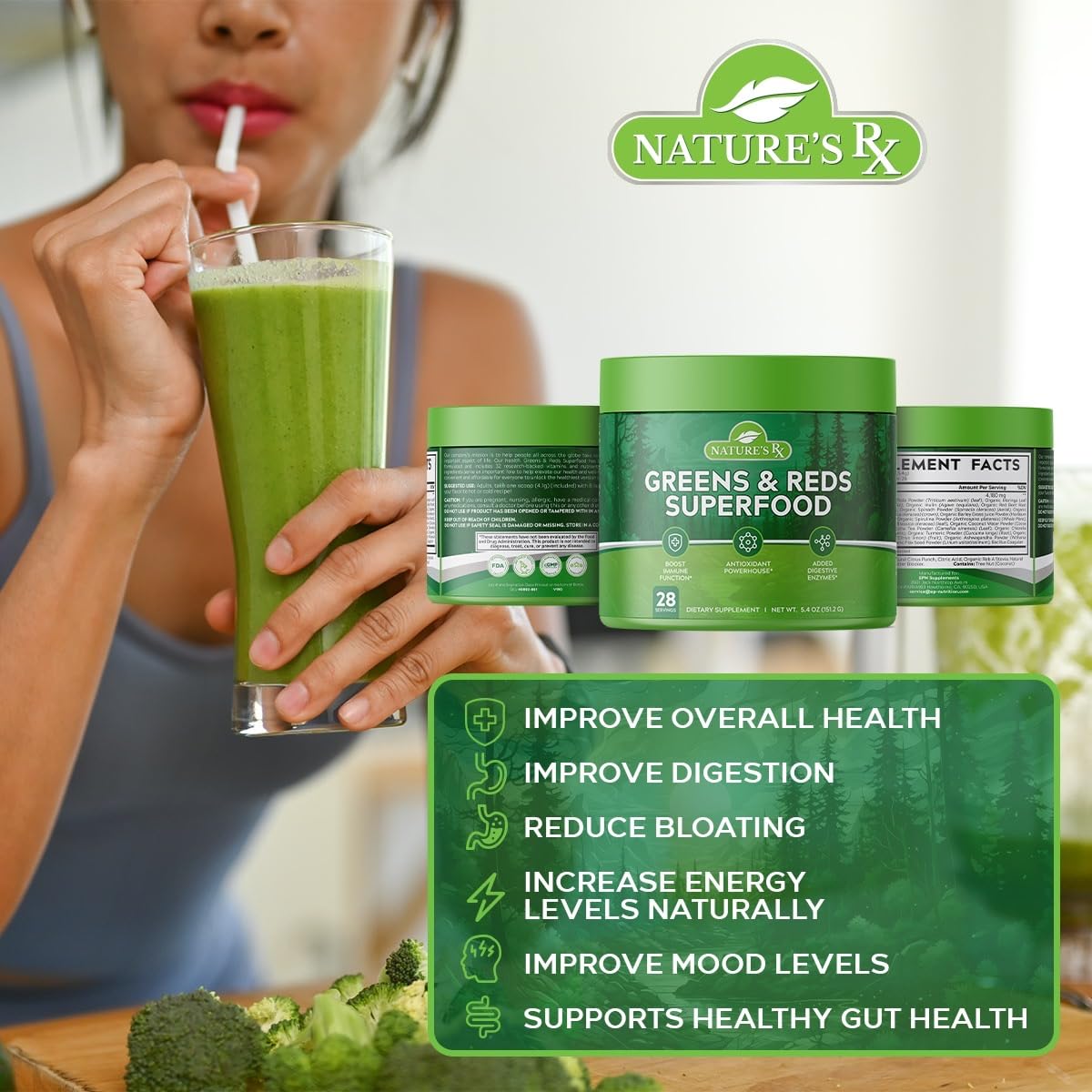 Nature's RX greens and reds close-up label emphasizes ingredients and third party testing.