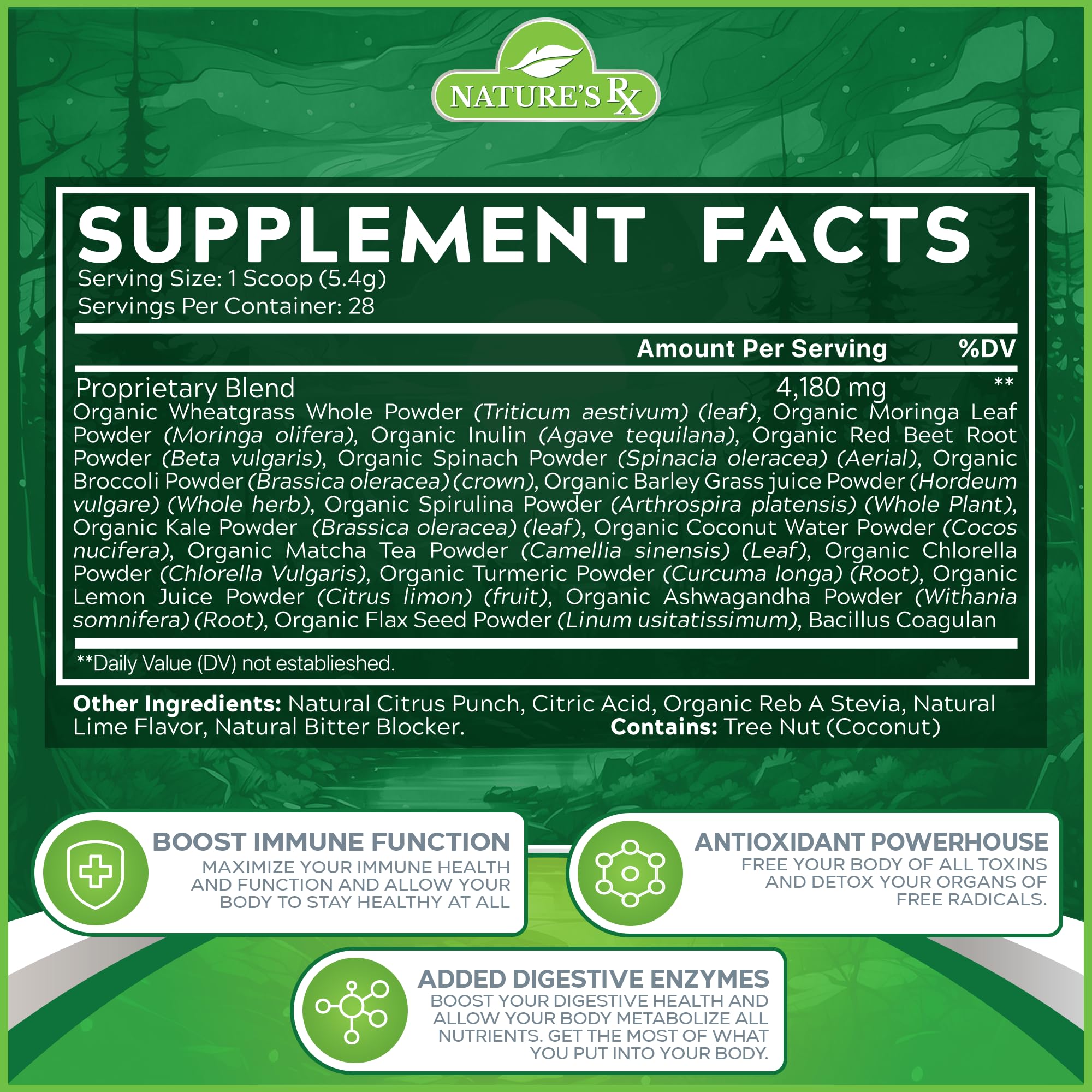 Nature's RX greens and reds serving spoon showing convenient daily servings.