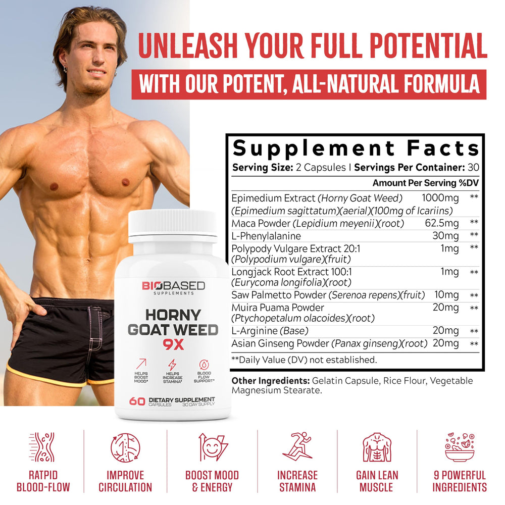 EPN Horny Goat Weed capsules showing the 9-ingredient blend for workouts.