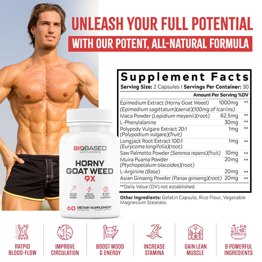 EPN Horny Goat Weed capsules showing the 9-ingredient blend for workouts.