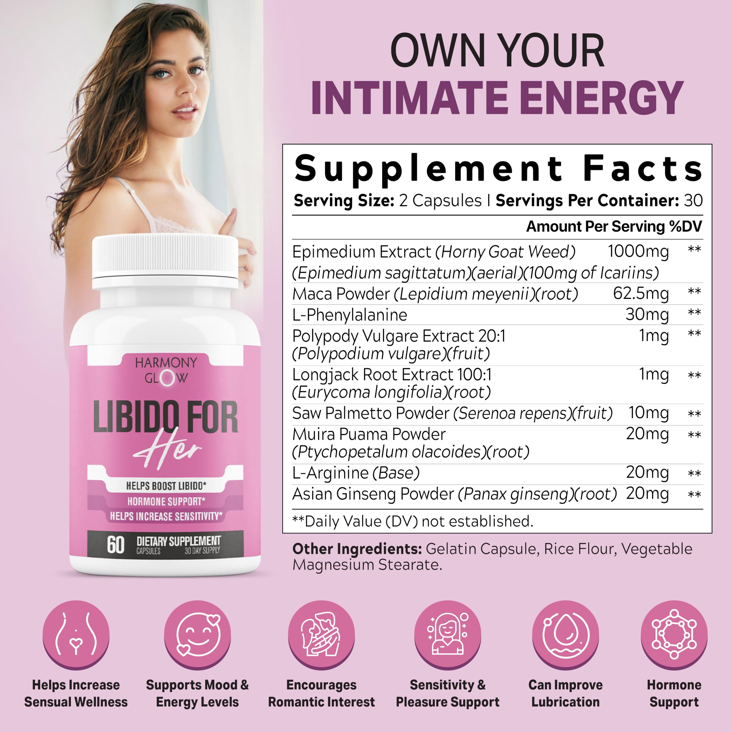 EPN Supplements Libido for Her capsules closeup shows natural energy support for daily moments.
