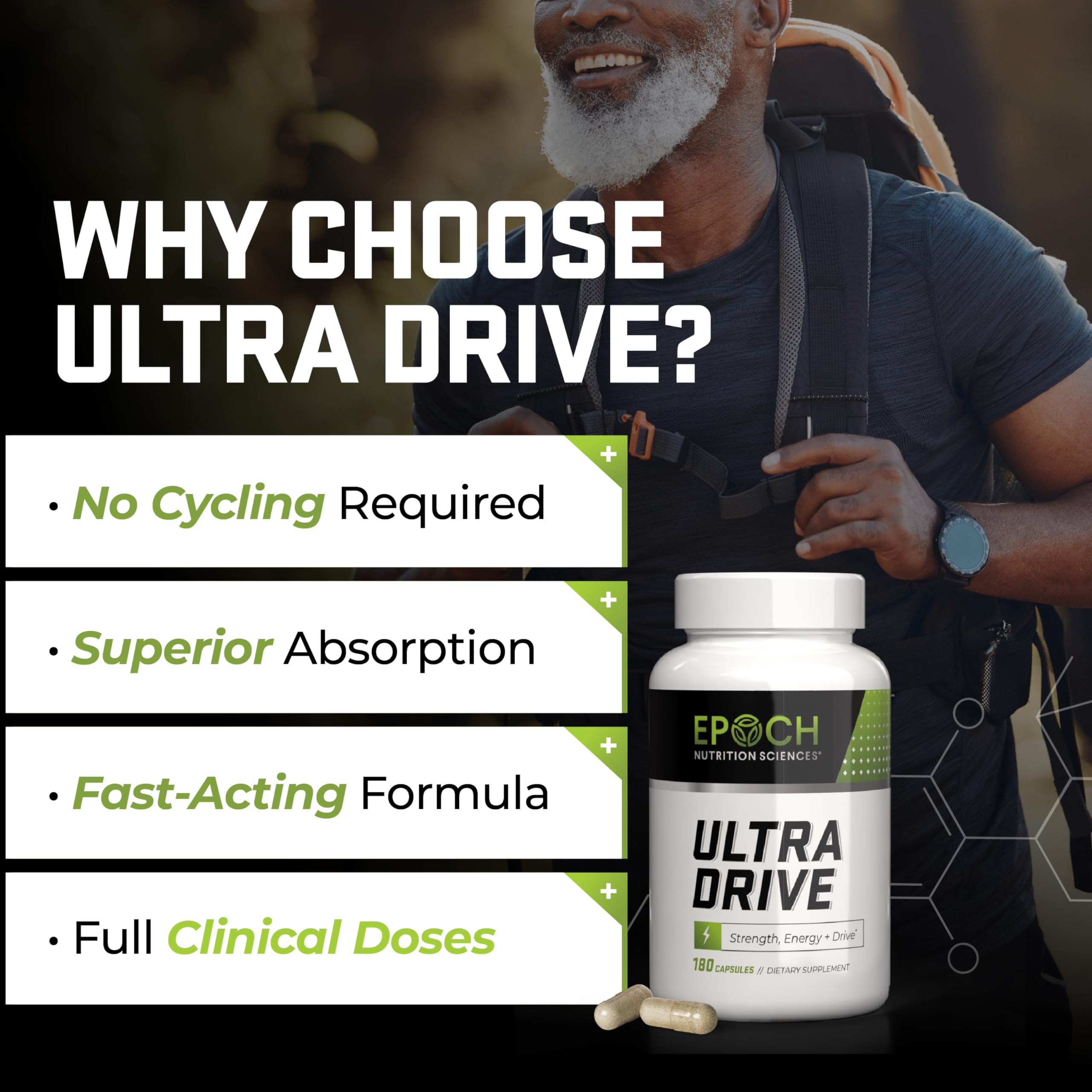 Epoch Nutrition Ultra Drive capsules close-up for stimulant-free energy support