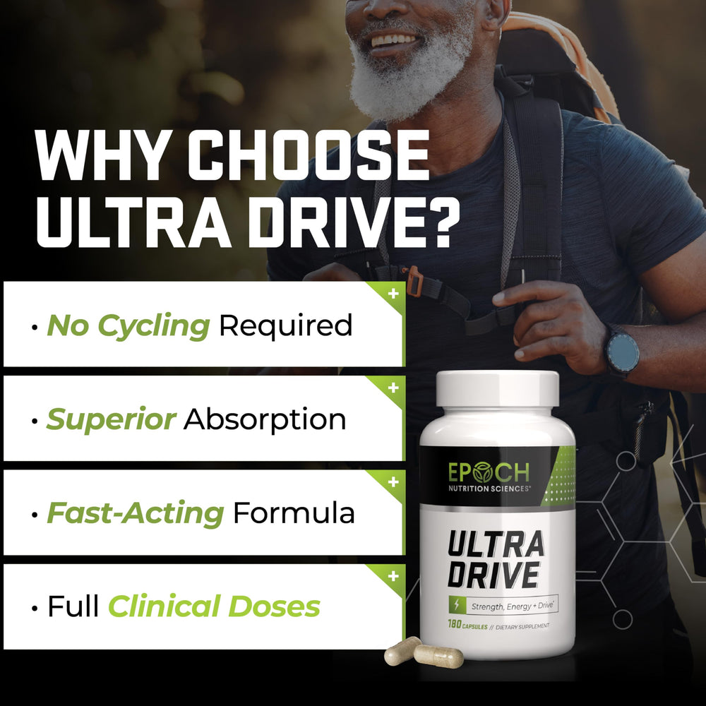 Epoch Nutrition Ultra Drive capsules close-up for stimulant-free energy support