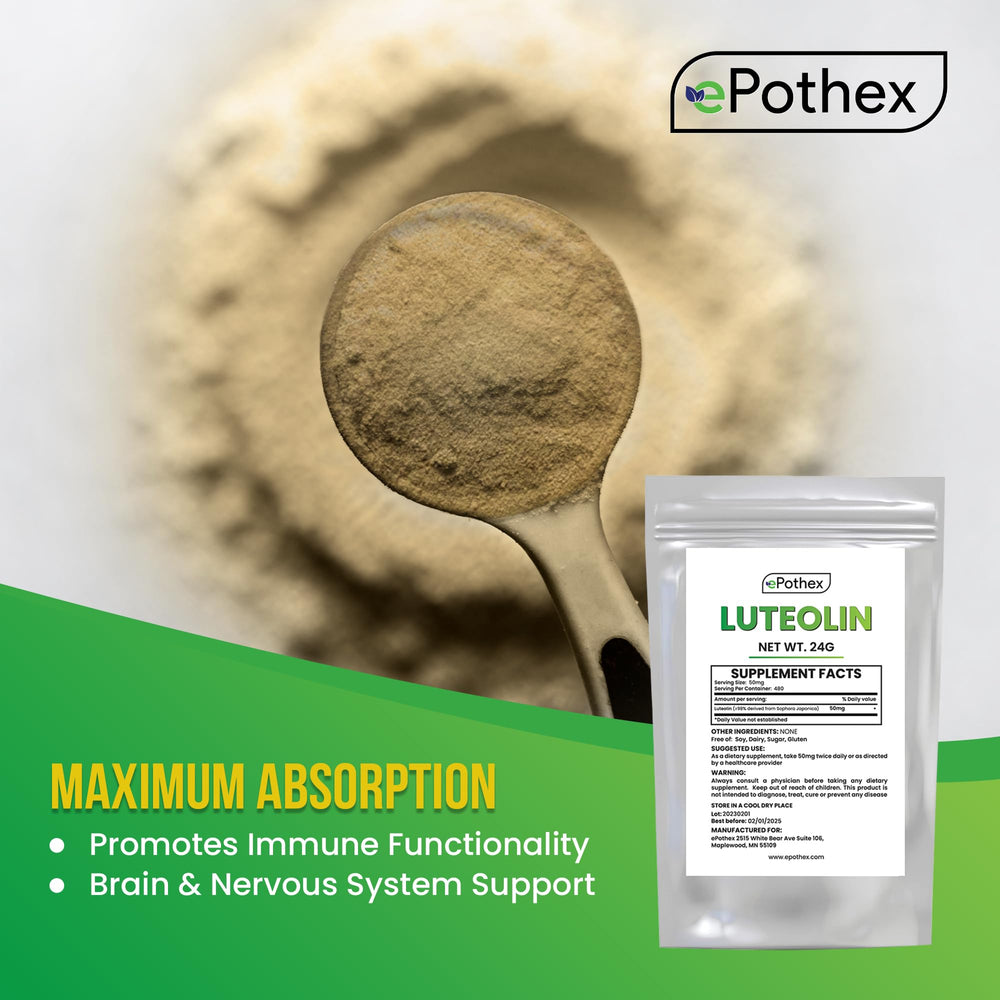 epothex Pure Luteolin Powder label highlights purity and GMP manufacturing.