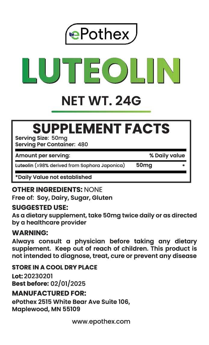 epothex Pure Luteolin Powder packaging on shelf for convenient storage.