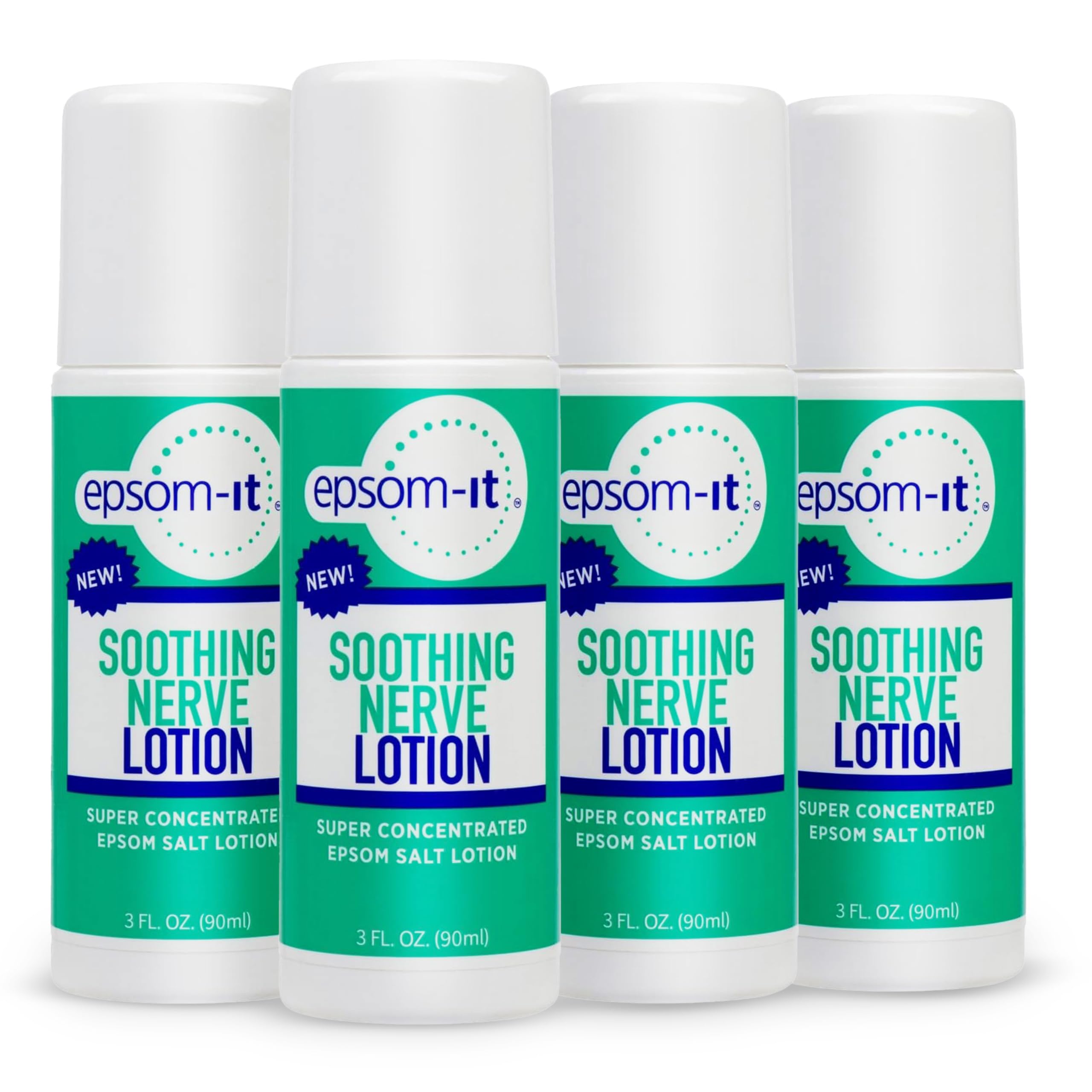 EPSOM-IT soothing nerve lotion roll-on bottle targets tired muscles for quick relief.