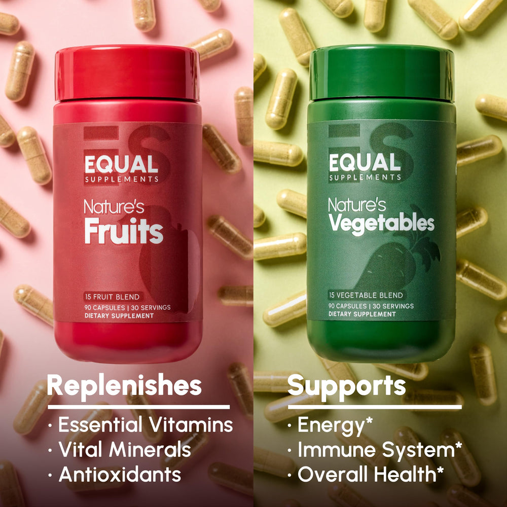 Packaging highlights 30 super fruits and veggies mix by Equal Supplements