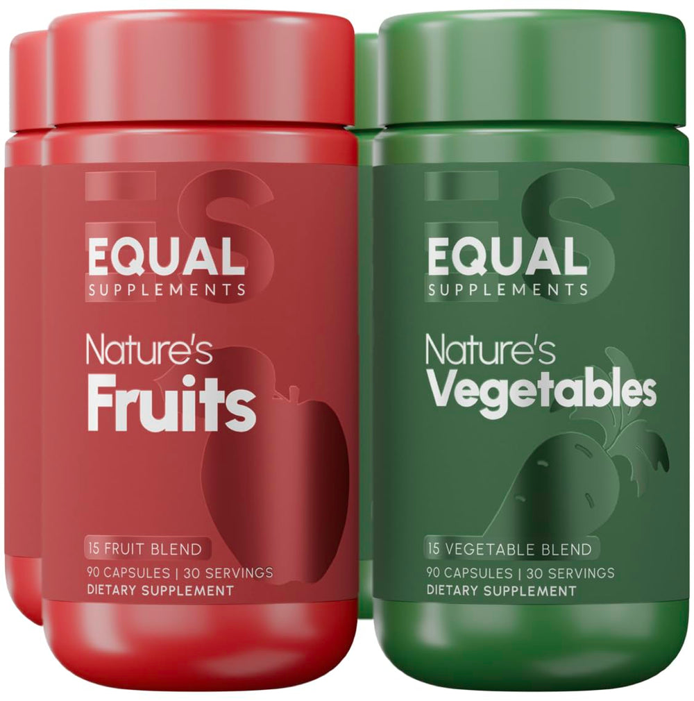 Equal Supplements bottle-front showing fruits and vegetables capsules for balanced nutrition