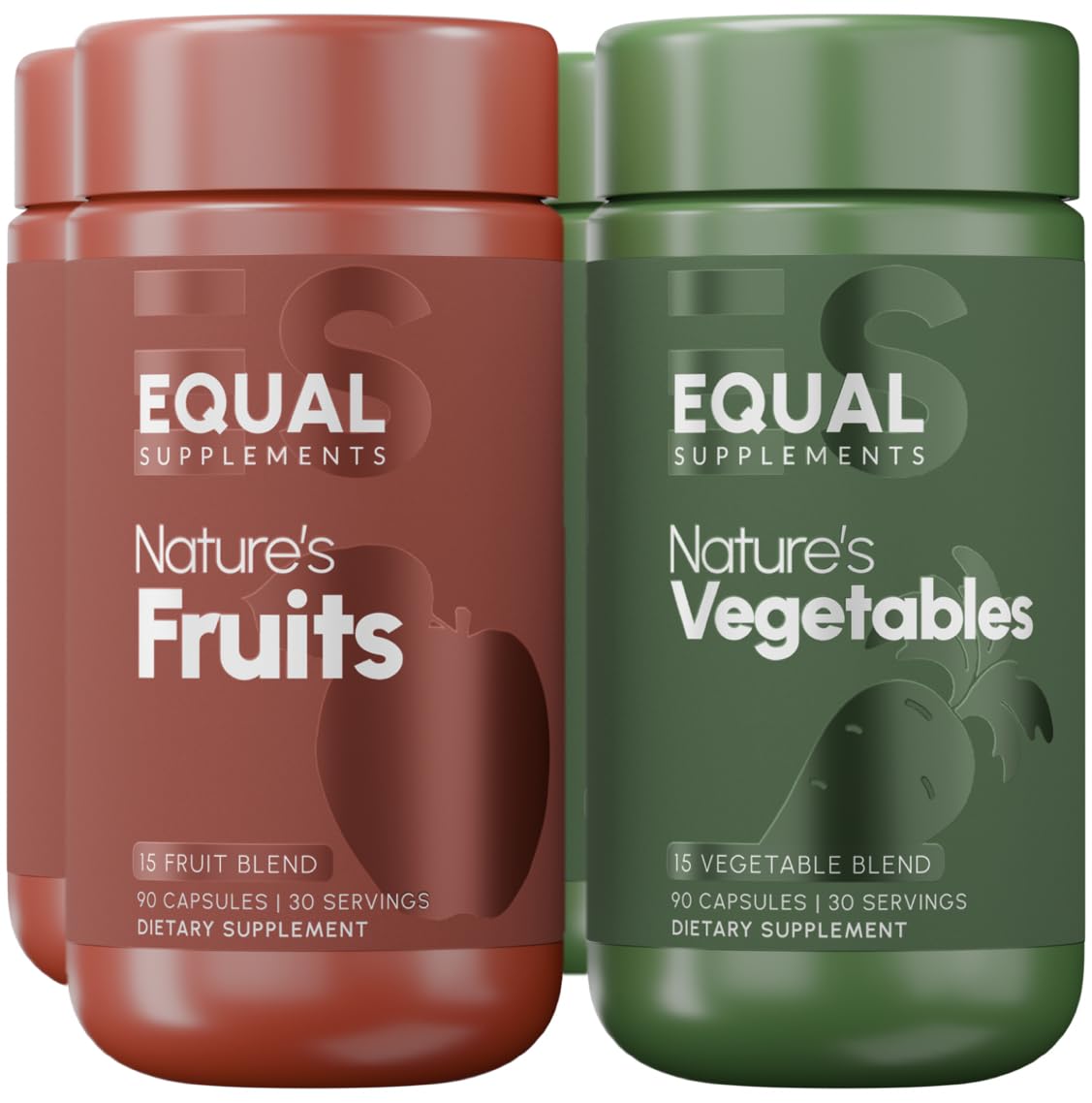 Equal Supplements bottle-front showing fruits and vegetables capsules for balanced nutrition