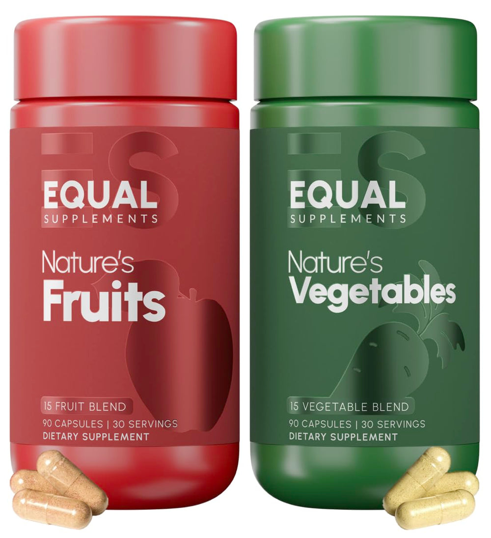 Equal Supplements bottle front with fruits and vegetables capsules for daily wellness