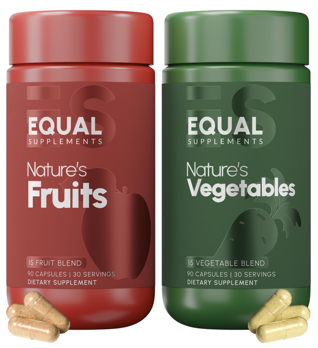 Equal Supplements bottle front with fruits and vegetables capsules for daily wellness