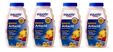 Equate ultra strength antacid bottle front with tropical flavor chewables for on-the-go use