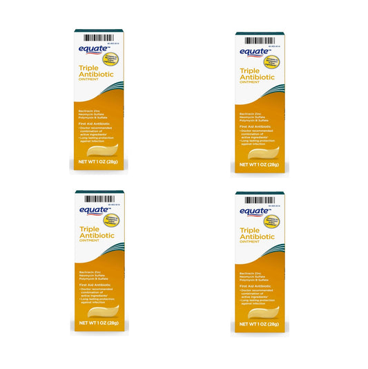 Equate First Aid Triple Ointment pack of four box shown for home kits.