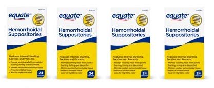 Equate hemorrhoidal suppositories 24 count box ready for temporary relief.