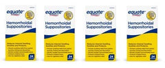 Equate hemorrhoidal suppositories 24 count box ready for temporary relief.