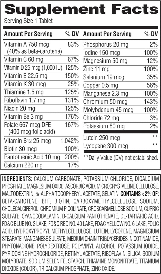Equate Mature 50+ bottle label highlights essential vitamins