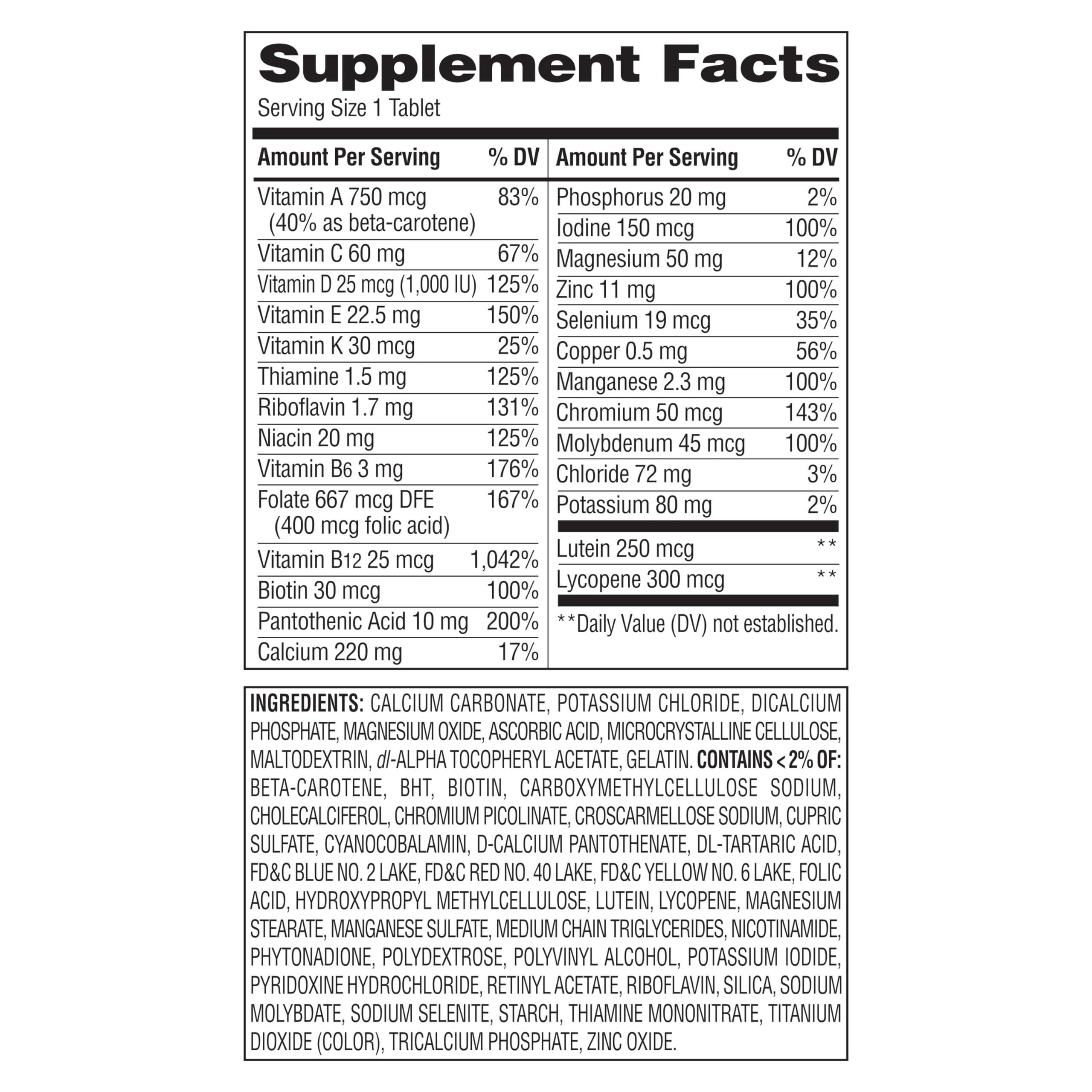 Equate Mature Adult 50+ bottle back lists ingredients supporting immune health and metabolism.