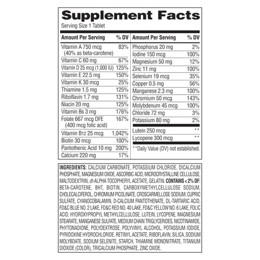 Equate Mature Adult 50+ bottle back lists ingredients supporting immune health and metabolism.